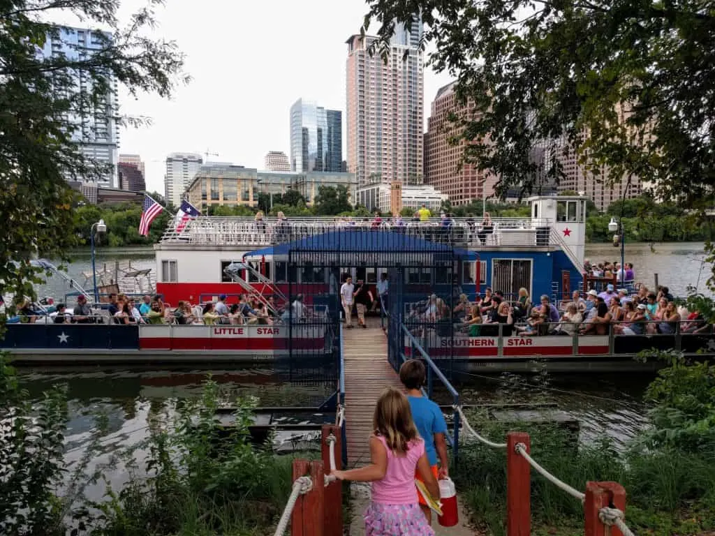 Austin Bat Cruise on Lady Bird Lake is one of the fun things to do in Austin with kids
