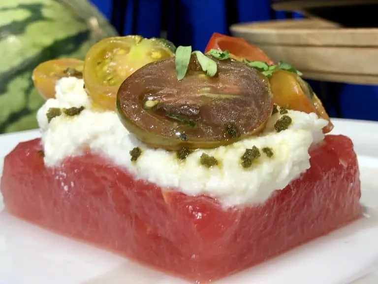 Compressed watermelon with tomato and ricotta