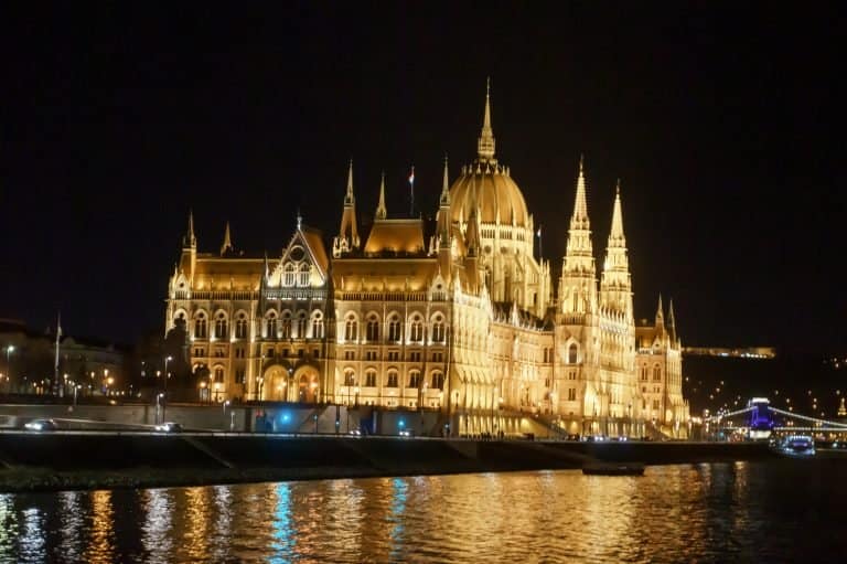 Night time view of Budapest Parliament building