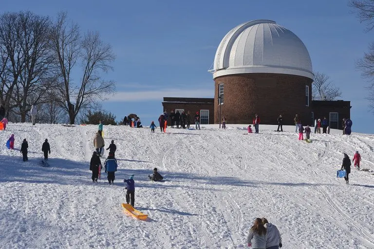 Sledding on Foss Hill at Wesleyan University