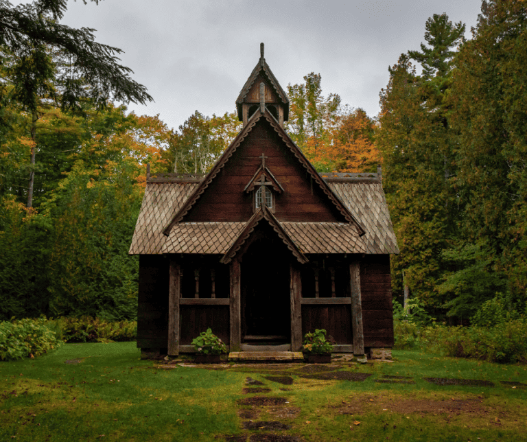 Washington island Stavkirke Church in fall