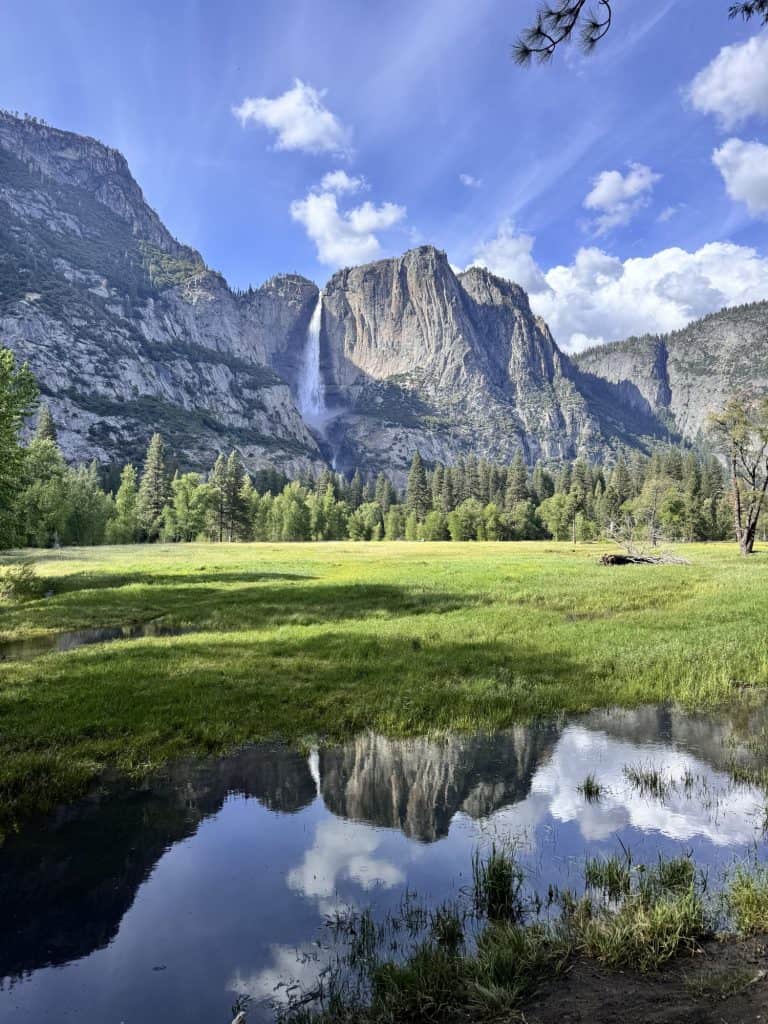 Yosemite Falls reflecting on a pond in Sentinel Meadow
